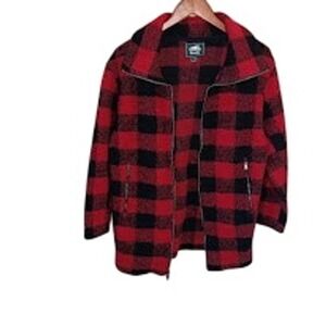 ROOTS Mens Red Black Buffalo Plaid Wool Blend Full Zip Jacket Chore coat Size S